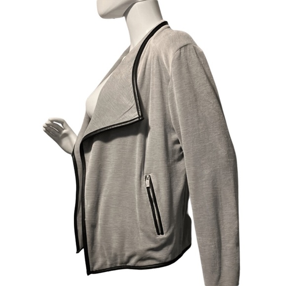 Calvin Klein Gray Velour Faux Leather Trim Cardigan - Picture 6 of 10